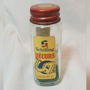 Schilling Décors Vtg 60s-70s Green Cake Glitter Bottle Shaker Jar Durkee Cover